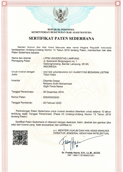 Hasil Penelitian Kolaborasi Ketua PS PPI Unila dan dosen Teknik Informatika Jurusan Teknik Elektro mendapatkan hak Paten