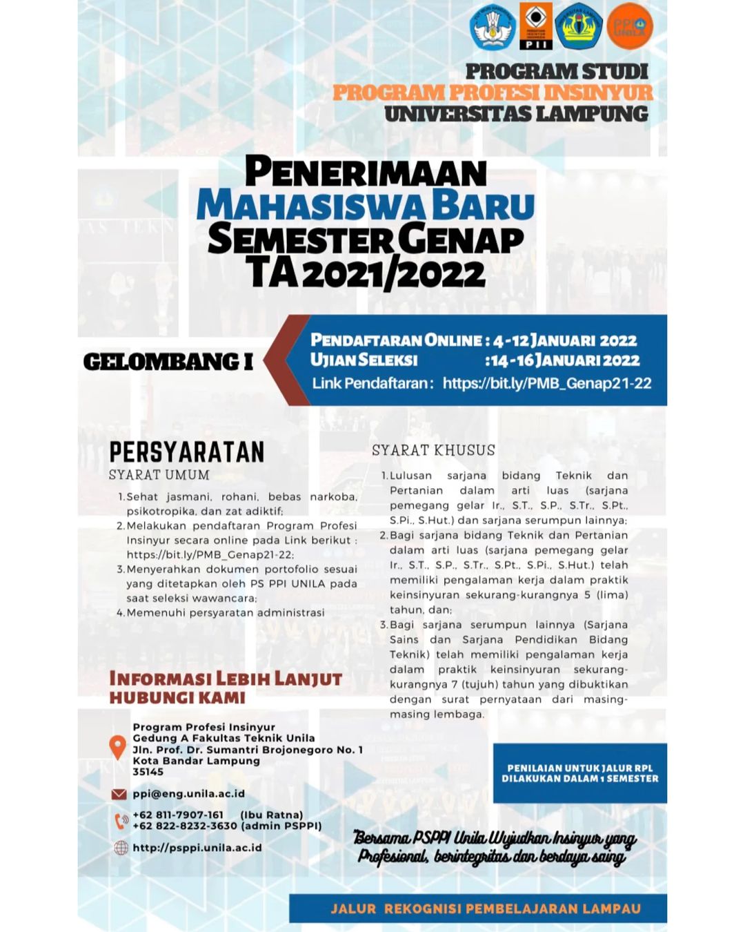 INFORMASI PENERIMAAN MAHASISWA BARU PROGRAM PROFESI INSINYUR UNIVERSITAS LAMPUNG TAHUN AJARAN 2021/2022
